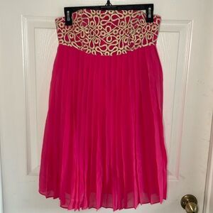 Lilly Pulitzer Hot Pink Pleated Mini Dress with Gold Embellished Waist